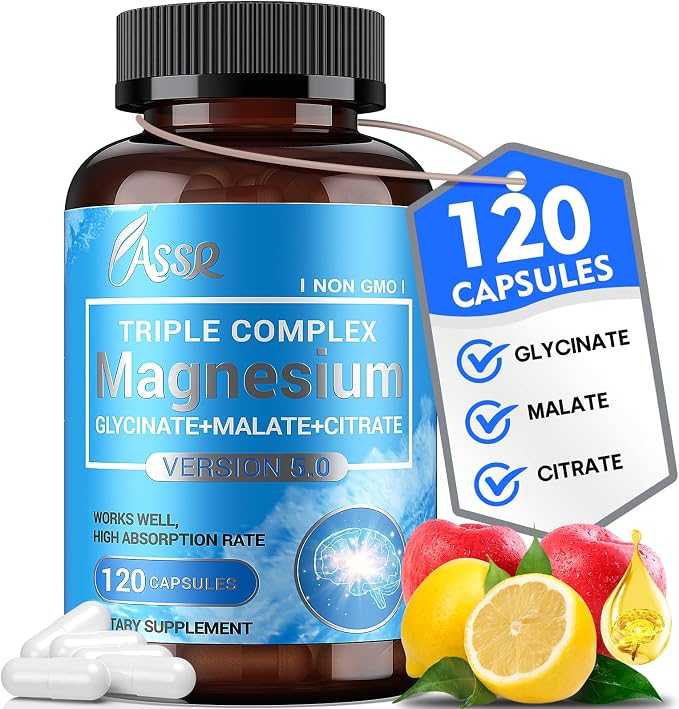 ASSR Triple Magnesium Complex - 300mg Pure Ocean Magnesium Glycinate & Magnesium Malate & Magnesium Citrate for Sleep, Energy, and Relaxation Support, High Absorption, Vegan, Non-GMO, 120 Capsules