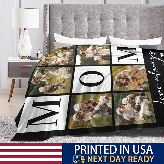 Custom Mom Blanket with 6 Photo & Text, Personalized Birthday Blanket with Picture for Mother, HD Printing Customized Flannel Throw Blanket Gifts for Best Mom Ever