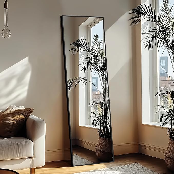 Delma Full Length Standing Mirror,Large Floor Mirror with Aluminum Frame for Bedroom, Bathroom, Living Room,Wall Mount or Freestanding Design(with Stand,Rect 69x24-Black)