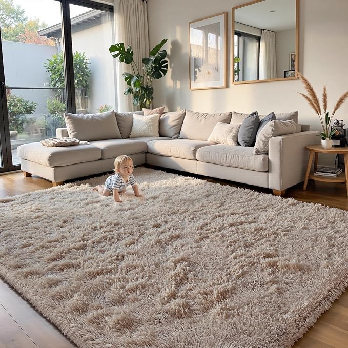 yongyangjuxin Fluffy Rug Shag Area Rug, Beige 9x12 Area Rugs for Living Room, Large Shag Area Rugs for Bedroom Room Home Decor, Upgrade Anti-Skid Rectangular Fuzzy Rugs