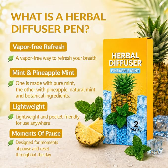 Herbal Diffuser Pen 2 Pack, Pineapple & Mint Personal Aroma Stick, Portable Scent Stick with PCTG Tip & 304 Stainless Steel Tube, Pocket Fresh Aroma Pen for Office, Travel, Gym & Daily Use