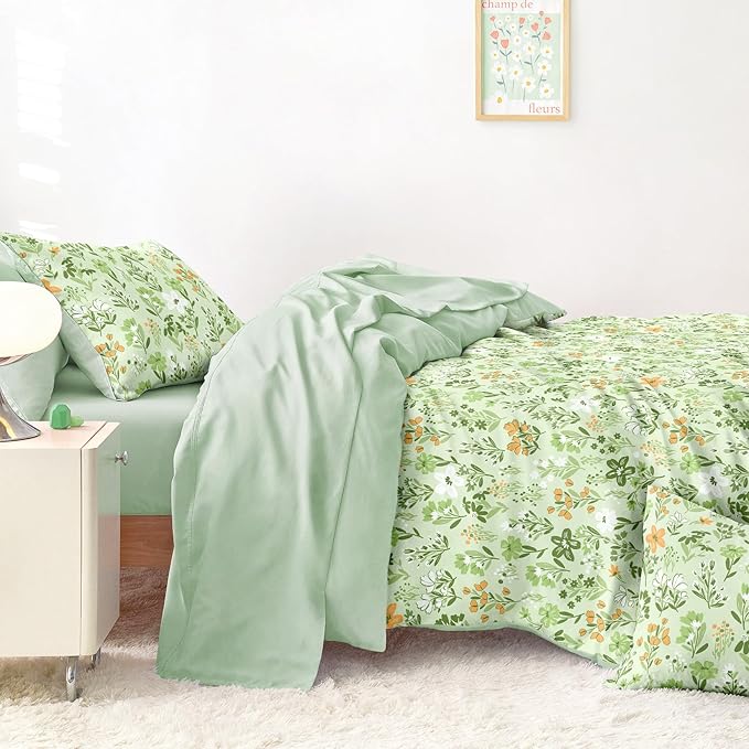 Wake In Cloud - Floral Bedding Set for Girls, Cute Colorful Botanical Flowers Patterned Soft Lightweight Comforter Set with Sheets, 7 Pieces Kids Bed in a Bag, Green, Full Size