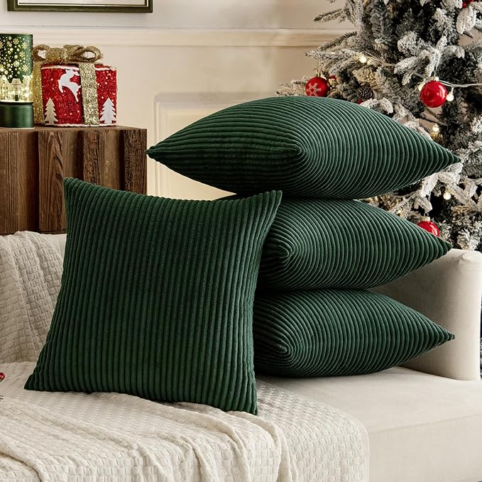 MIULEE Soft Corduroy Decorative Throw Pillow Covers Army Green 18x18 | Set of 4, Mordern Nordic Christmas Decor, All Same Color Set, Boho Farmhouse Cushion Covers for Couch Bed Sofa Living Room