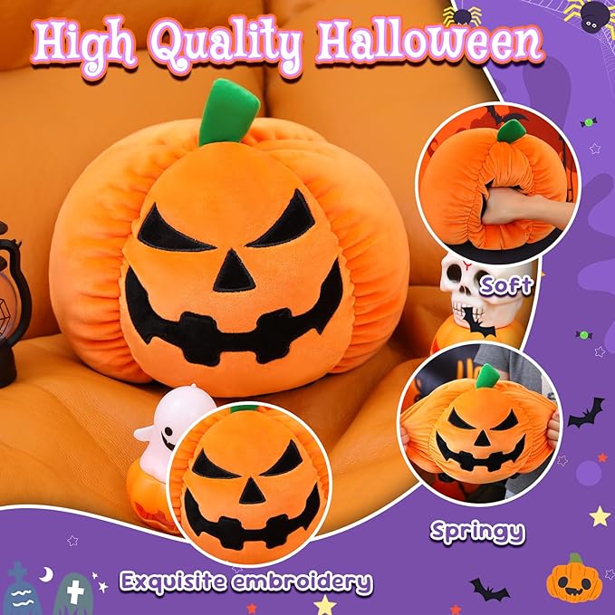 Halloween Reversible Pumpkin Plush, Soft Black Cat Stuffed Animal with Bat Wings and Skull, Halloween Plush Gift Home Decor for Boys Girls 10 Inch