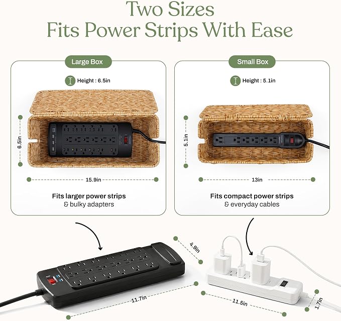 Cable Management Box Set of 2 Sizes, Handmade Rattan Cable Organizer with 2 Open Slots, Cord Hider for Power Strip, Router & USB Hub, Registered U.S. Design Patent (D1,112,102), Natural