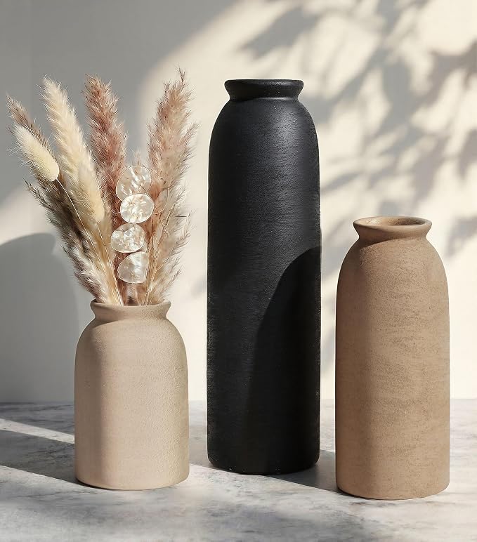 Ceramic Vase Set of 3, Small Flower Rustic Vase Home Decor Neutral Modern Farmhouse Boho Pampas Pottery Vases Decorative Centerpiece for Table Mantel Shelf Living Room Kitchen Bathroom
