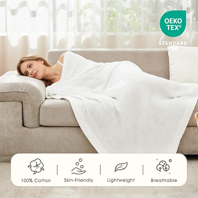 EMME Muslin Blankets for Adults Throw Blanket for Couch Breathable Gauze Soft Lightweight Airy White Throw 50" x 60"