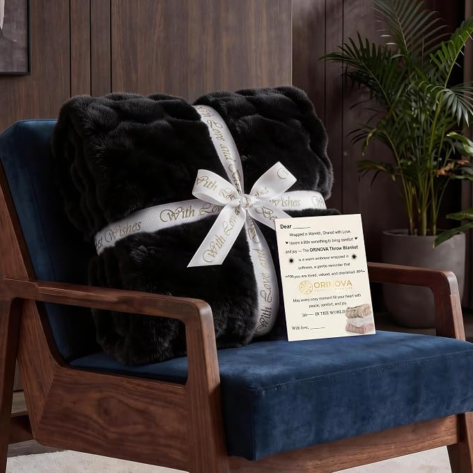 ORINOVA Black Fluffy Thick Fur Throw Blanket 50x60 for Bed Couch Office Chair Bunny Soft Blanket for Adults Gift Home Living Room Decorative Decor 860 GSM