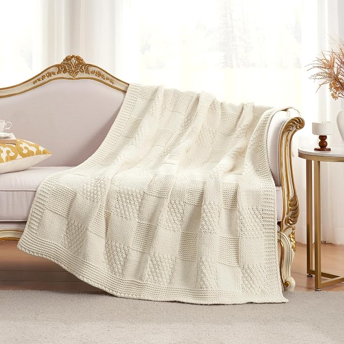 Knit Throw Blanket, Soft Chenille Cozy Breathable Checkered Chunky Decorative Blanket for Couch, Bed & Sofa, French-Inspired Lightweight Warm Gift for Women, Ivory, 60"x80"