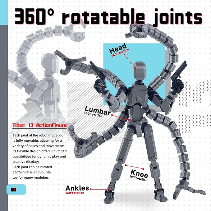 Assembly Completed T13 Action Figure,T13 Action Figure Multi-Jointed Movable,Ultimate Desktop Decor for Lovers t-13 Movability 3D Printed Toys (Black red-, 7.2in)