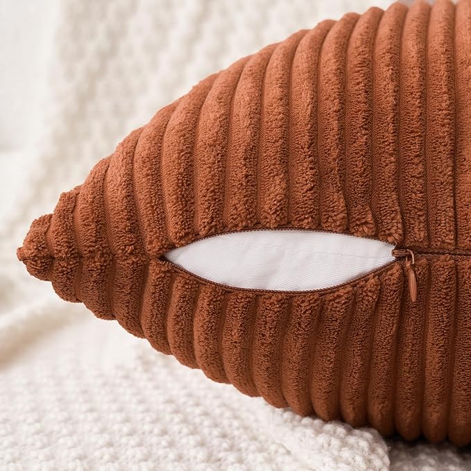 MIULEE Fall Soft Corduroy Throw Pillow Covers Set of 2 20x20 Dark Rust | Decorative Striped Textured Cushion Cases, Boho Rustic Square Pillowcases, Home Decor for Couch Chair Sofa Bed Living Room