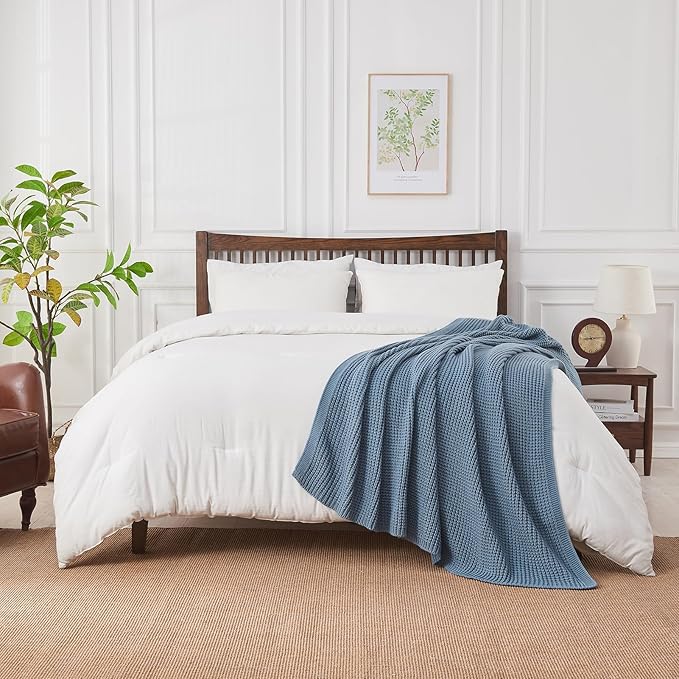 Douceur Blue Throw Blanket for Bed, Soft Chunky Cable Knit Throw Blanket, Classic Fisherman's Rib Stitch Pattern Throw for Living Room Gift, 60"X80"