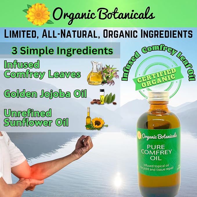 Pure Organic Comfrey Leaf Infused Oil - Skin Care for Joints, Back, Muscles, Fractures, Bruises, and Minor Wounds, Natural Herbal Body Massage Oil, Certified Organic (8 oz)