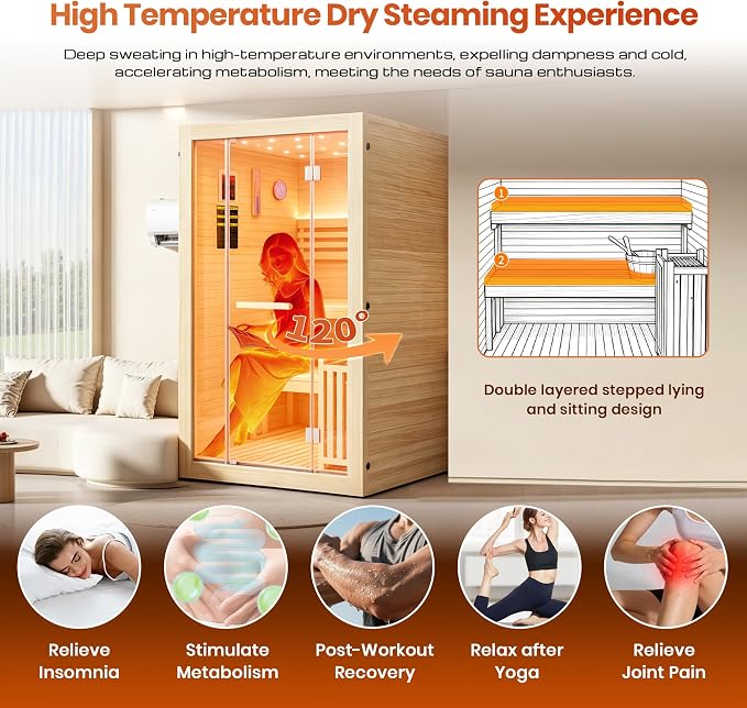 OUTEXER Steam Sauna Traditional Saunas Home Spa Room for 2-3 Person Wet Indoor Saunas 7 Color LED Lights with 240V 3KW Heater,Sauna Stone,Wooden Bucket,Spoon,Thermometer,Hourglass,Cup Holder
