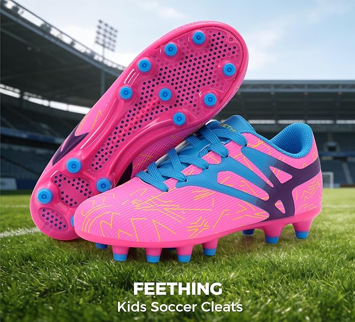 Kids Soccer Cleats Firm Ground - Lightweight Breathable Football Shoes for Boys Girls Youth Outdoor Training on Natural Grass