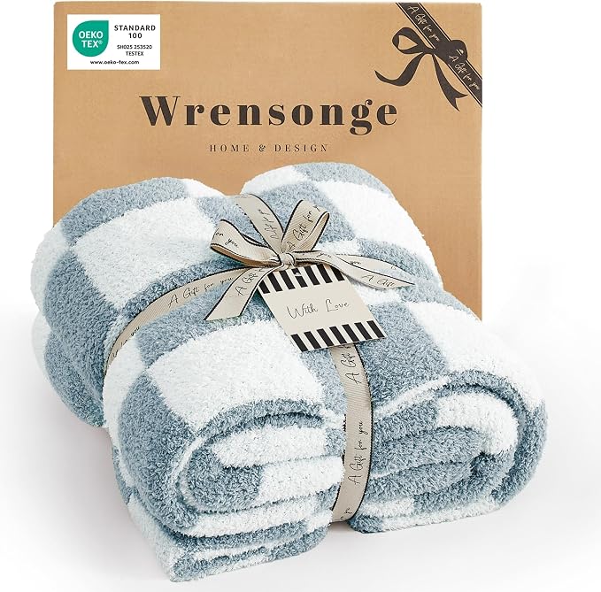 Soft Checkered Throw Blanket for Couch-Cozy Warm Knitted Blankets | Lightweight Warm Fluffy Decor for Women, Mom, Her & Girls, Sofa, Chair, Bed, 50x70in, Grey Blue