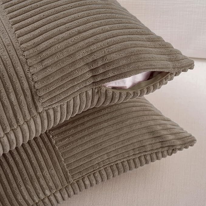 Fancy Homi Set of 2, Light Brown Patchwork Corduroy Decorative Soft Striped Modern Accent Cushion Case Farmhouse Boho Neutral Throw Pillow Covers for Chair Couch Bed Sofa Living Room 28x16 Inch