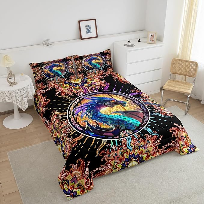 Feelyou Dragon Comforter Set Toddler Size Dragon Stuff Comforter for Boys Girls Teens 3D Print Animal Bedding Set Dragon Decor Duvet Set Room Decor Golden Quilt Set