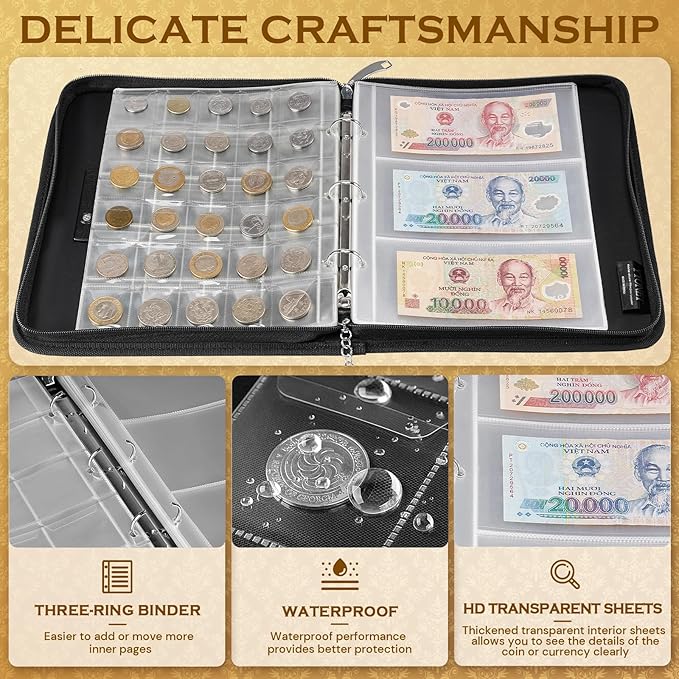 Coin Collection Book Holder for Collectors, 484 Pockets Fireproof Coin Collection Supplies and 36 Currency Album Storage Organizer, Lockable Coins Album for Coins Collector Gifts for Bill, Penny Black