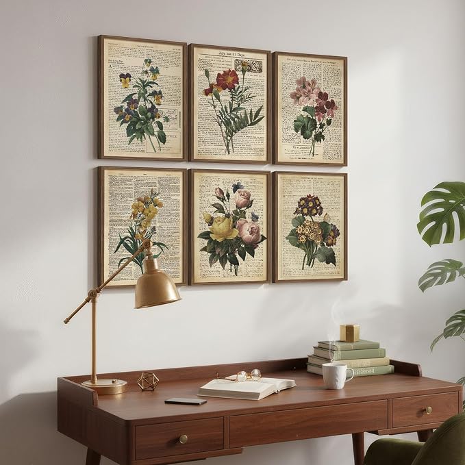 Framed Vintage Floral Wall Art, Set of 6 Colorful Flower Canvas Prints, Rustic Farmhouse Botanical Artwork for Bedroom Living Room Kitchen Dining Room Hallway Office Apartment Home Decor, 11x14 Inch