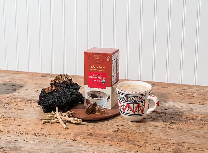 Teeccino Chaga Ashwagandha Tea - Butterscotch Cream - Organic Mushroom Adaptogenic Herbal Tea, 3x More Herbs than Regular Tea Bags, Prebiotic, Caffeine Free, Gluten Free - 25 TeaBags