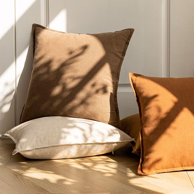 Foindtower Pack of 2, Decorative Linen Solid Throw Pillow Covers Soft Accent Cushion Case Boho Farmhouse Neutral Pillowcase for Chair Couch Sofa Bedroom Living Room Home Decor 20 x 20 Inch Light Brown