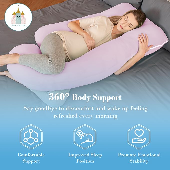 Cute Castle Cooling Cover Pregnancy Pillows, Soft U-Shape Maternity Pillow with Removable Cover - Full Body Pillows for Adults Sleeping - Pregnancy Must Haves - Jumbo 57 Inch - Purple
