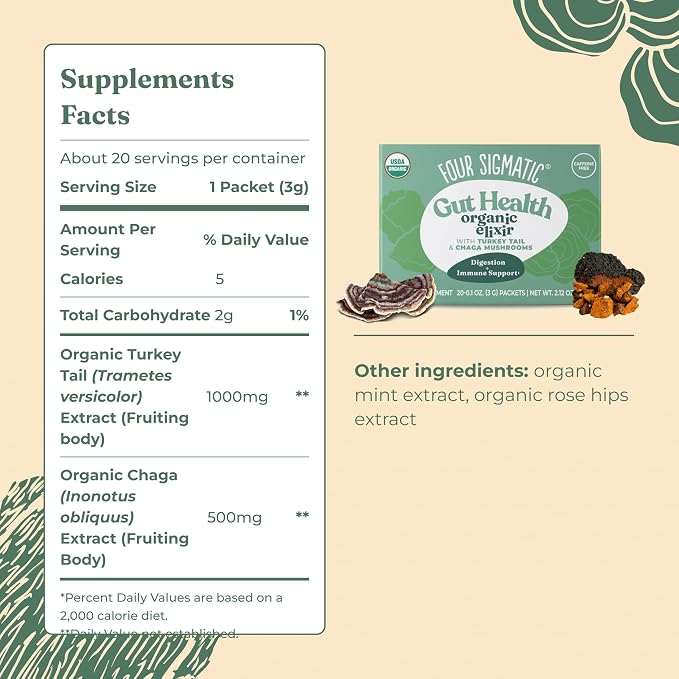 Four Sigmatic Gut Health Mushroom Elixir | Coffee Alternative with Organic Turkey Tail, Organic Chaga Mushroom Powder, Rose Hips & Mint | Digestive Support & Immune Support | 20 Packets