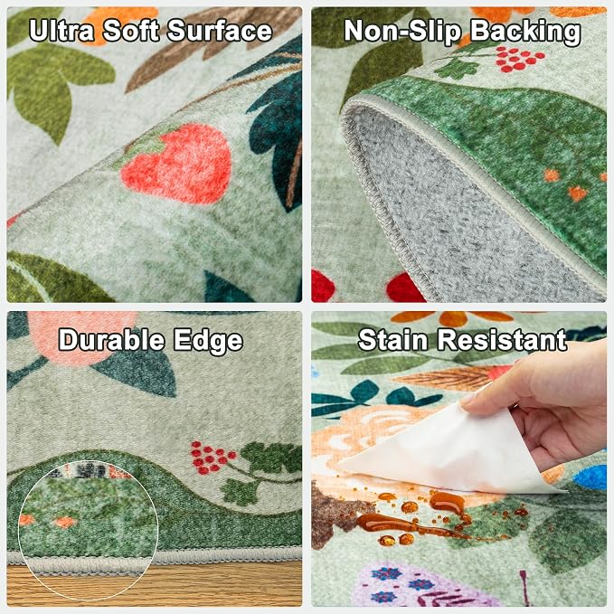 Runner Rug for Entryway: 2.6x14 Kitchen Rugs Non Slip Washable Ultra-Thin Soft Floral Carpet Indoor Floor Stain Resistant Carpets for Hallway Bedroom Kitchen Laundry Bathroom Dorm Green