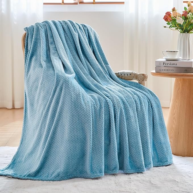 NEWCOSPLAY Fleece Leaves Pattern Throw Blanket, Light Blue, 50"x60" | Super Soft Throw Blanket, Lightweight Cozy Bed Sofa Blanket, Premium Silky Flannel Fleece, Travel Blanket for All Season Use