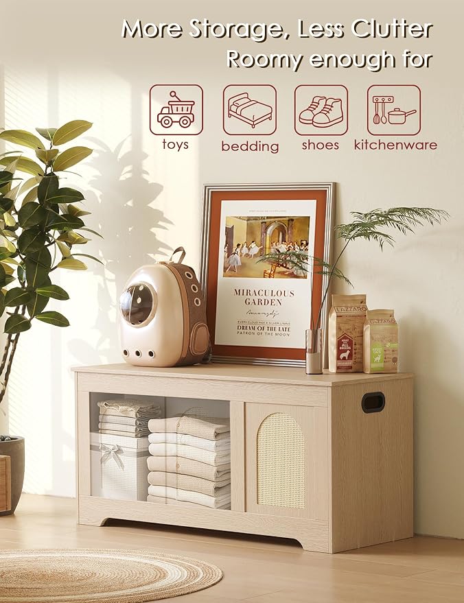 Storage Chest, Wooden Toy Box, Natural Oak 39.4" L | Entryway Shoe Bench, 2 Safety Hinges, Finger-safe Flip-Top, Easy Assembly, Farmhouse Large Trunk, Rattan, Living Room/Bedroom