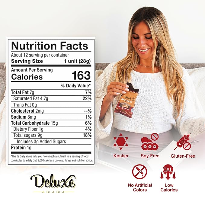 Deluxe & Bla Bla Stuffed Rice Cakes - Whole Grain Chocolate Rice Cake,Gluten Free,Low Calorie,(Alfajor) Kosher Certified - Peanut Filled Rice Cakes coated with Dark Chocolate, 28g Each (12 Pack)