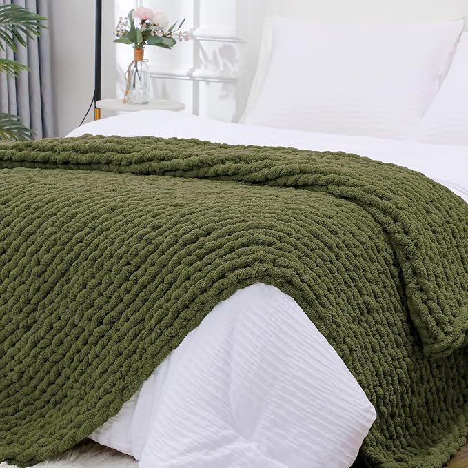 Bigacogo Chunky Knit Throw Blanket for Couch, 40x80 inches, Yellow Green | Hand Knit with Jumbo Chenille, Soft Breathable Cable Knit for Sofa Bed Living Room, Machine Washable, Gift for Mom Friend