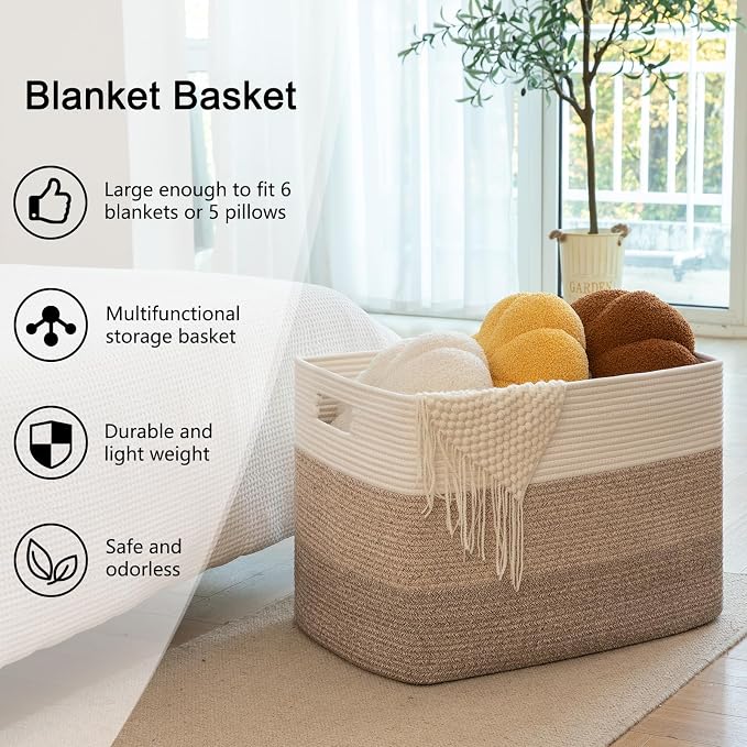 OIAHOMY 108L Large Cotton Rope Basket, Rectangle Woven Baskets for Storage, Nursery Blanket Storage Living Room, Toy Basket With Handle-25”x16”x16”-Gradient Yellow