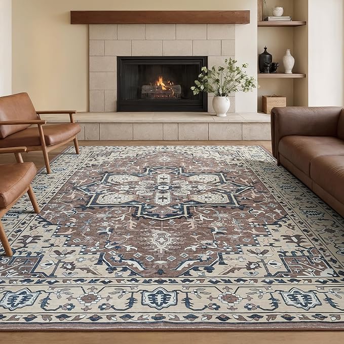 Rugflix 8x10 Area Rugs for Living Room, Washable Brown Beige Large Rug | Machine Washable; Stain-Resistant; Low Pile; Non-Slip; Vintage Printed; Carpet for Bedroom Dining Office Nursery Home