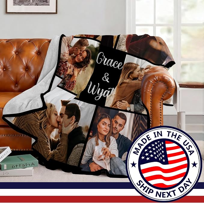 SHIPS NEXT DAY Custom Blanket with Picture Text Personalized Throws Blanket with Photos Customize Blanket Customizable Blankets Customized Gifts for Mom Dad Couple Girlfriend Boyfriend Wife Husband
