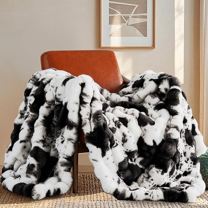 Cow Print Blanket for Couch, Faux Fur Throw Blanket, Super Heavy Warm Cozy Blankets for Bed Sofa, Bubble Plush Fuzzy Soft Mink Blanket for Living Room Bedroom, Cow Black