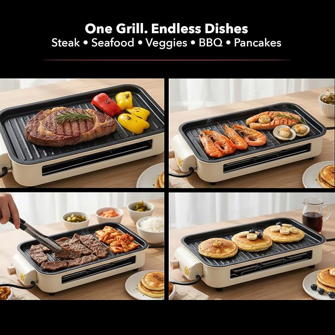 OVENTE 2-in-1 Electric Indoor Grill Non-Stick Cooking Plate, Beige BQR1502B | 1500W Smokeless Korean BBQ Griddle with, 3 Raclette Cheese Pans, Adjustable Temperature Control, Dishwasher Safe