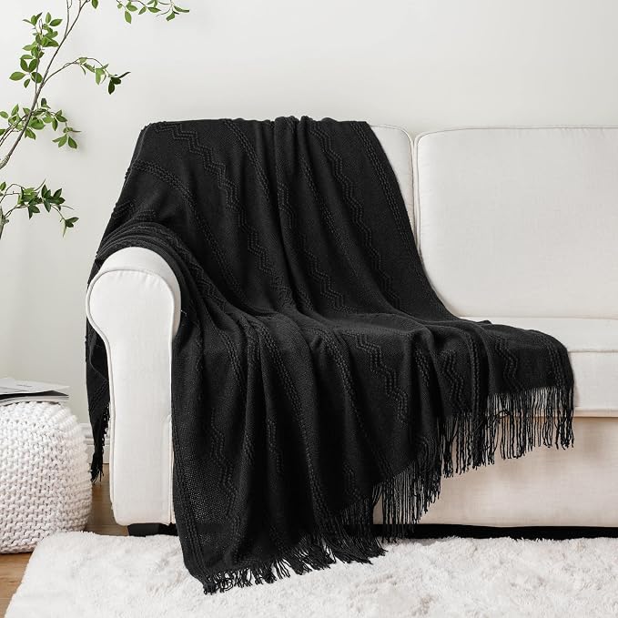 BATTILO HOME Black Throw Blanket for Couch, 50"x60" | Bed Throws for Home Decor, Decorative Black Knit Throw for Sofa Living Room