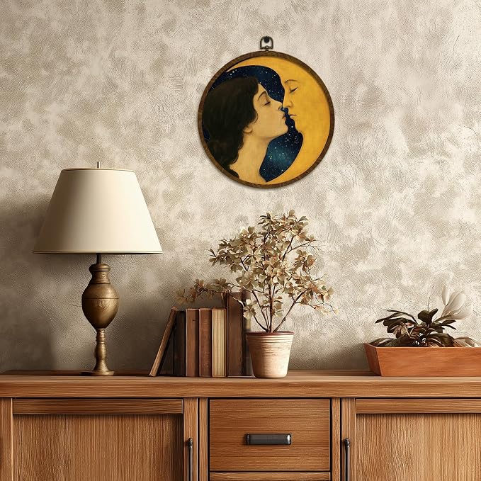 KLYTINK Retro Celestial Decor,Romantic Moon and Young Girl Round Wall Art,Vintage-Inspired Celestial Canvas Print, Surreal Moon and Woman Hanging Decor for Bedroom, Gallery Wall, 10''x10''