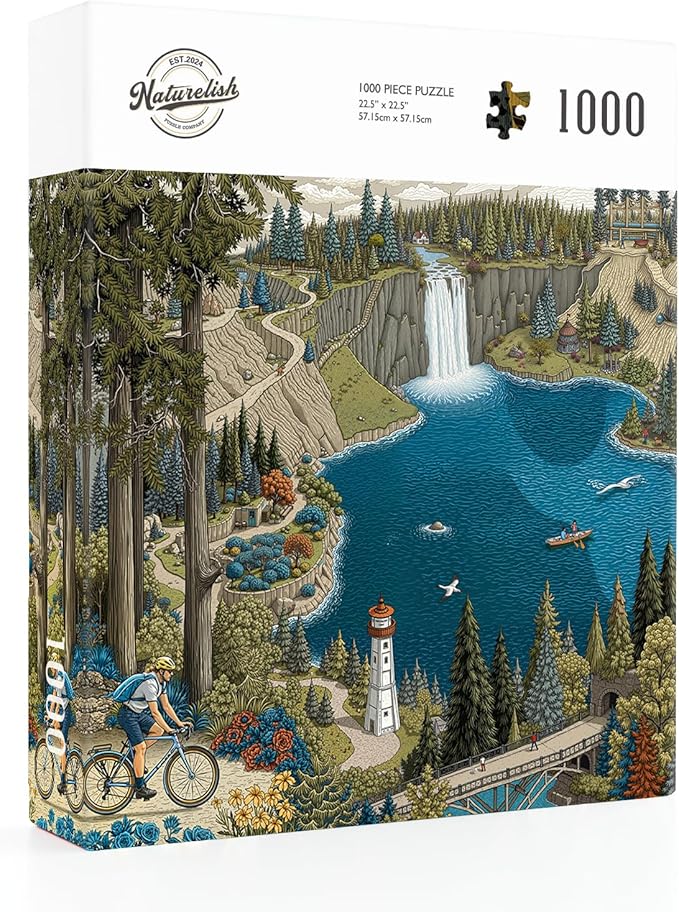 1000-Piece Jigsaw Puzzle for Adults, Oregon Landmarks Scene with Waterfall, Lighthouse, Forest Trail, Challenging & Vibrant Artwork, 22.5 x 22.5 in