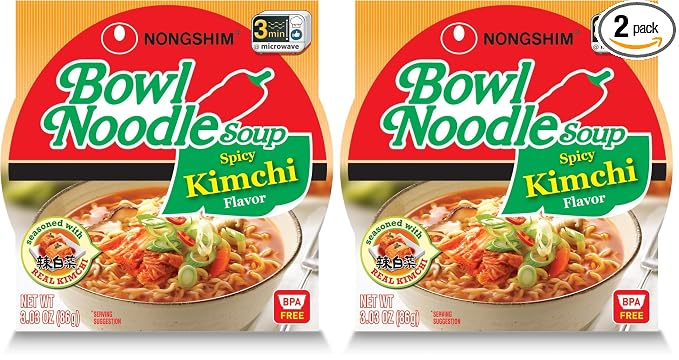 Nongshim Ramen Noodles, Gourmet Instant Ramen bowl, Premium Microwavable Noodle Soup, Kimchi, 3.03 Ounce (Pack of 2)