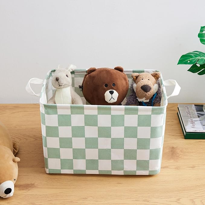 Ohocut Sage Green Checkered Canvas Basket, Rectangular Organizing Decorative Storage Basket for Kids, Dog Toy, Cute Aesthetic Checkered Room Decor for Home, Kitchen, Bedroom, Classroom, Shelves