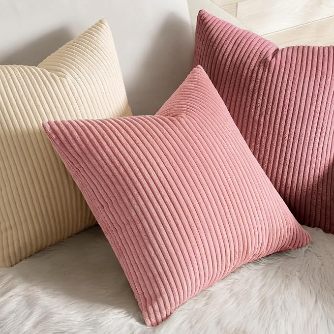 MIULEE Decorative Corduroy Throw Pillow Covers Set of 2 20x20 Beige | Soft Striped Textured Cushion Cases, Boho Square Pillowcases Neutral Home Decor, for Couch Chair Sofa Bed Living Room
