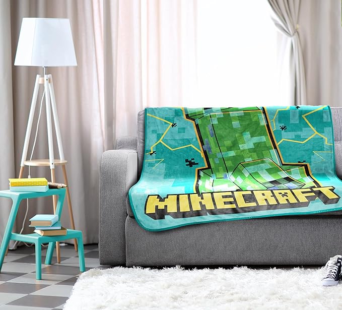Jay Franco Kids Plush Throw Blanket – Soft & Cozy Fleece Throw for Bedroom & Couch Décor, Official Licensed Product, Teal - Minecraft, 46x60 - Throw Blanket