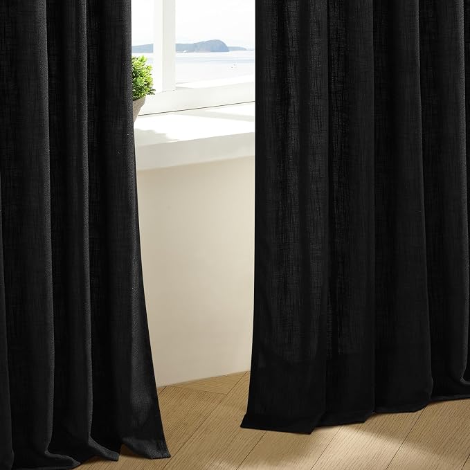 TWODRAPES Black Linen Semi Sheer Curtains 90 Inches Long for Living Room Bedroom Light Filtering Black Textured Burlap Pinch Pleated Curtains 90 Length Hooks Rings Back Tab for Sliding Door 2 Panels