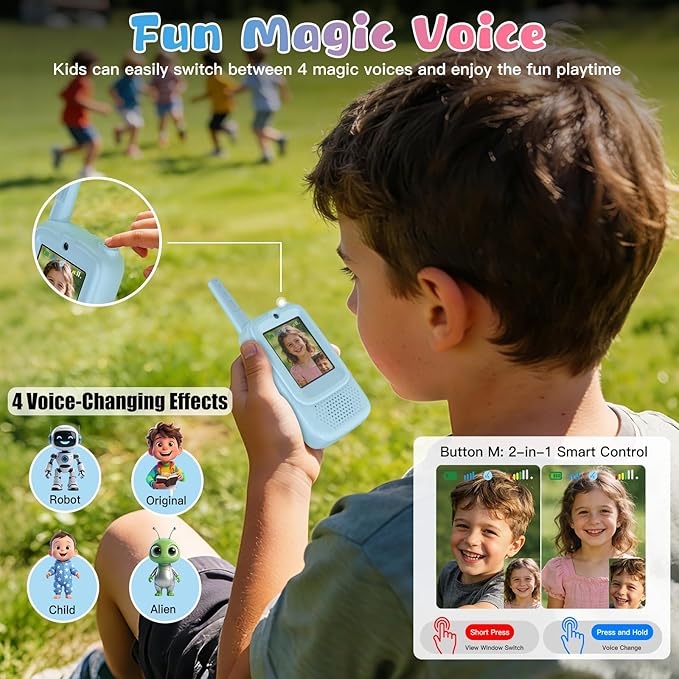 ZealSound Video Walkie Talkies for Age 3-12 Boys Girls, 2 Pack Walkie Talkies with Screen, Voice Effects, Indoor Outdoor Toys for Family Games, Camping, Hiking, Christmas Birthday Gifts (Blue/Pink)