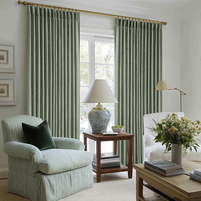 TWODRAPES Sage Green Pinch Plaet Linen Semi Sheer Curtains 90 Inches Long 2 Panels Set
