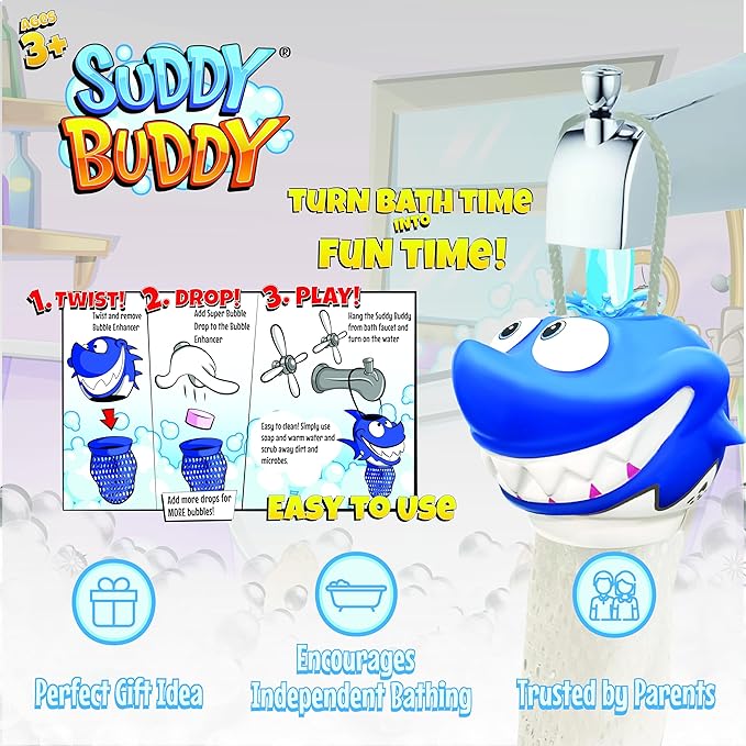 Suddy Buddy® Bubble Maker for Bathtub | Fun Kid Bubble Bath Toys | Bath Bubbler for Boys & Girls Ages 3+ | Includes 1 Foam Dispenser, 1 Trading Card & 3 Super-Bubble Drops | Sammy Shark
