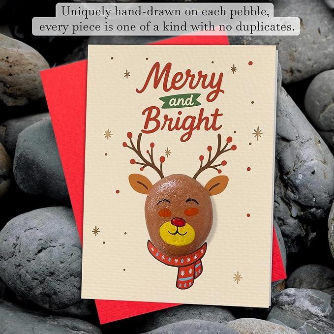 Handmade Christmas Pebble Card – Cute Reindeer “Merry and Bright” Design – Unique Holiday Greeting Card with Pebble Art – Fun Christmas Card for Kids, Friends, Family, Teachers, or Coworkers
